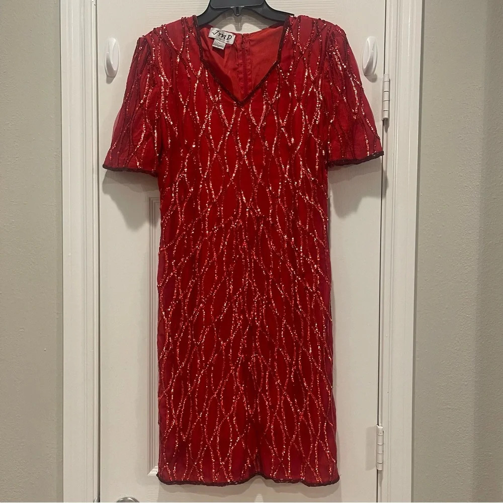 VTG 80s 90s JMD Dress Sz Small Red Silk Swirly Sequin Deco Cocktail Party Shiny